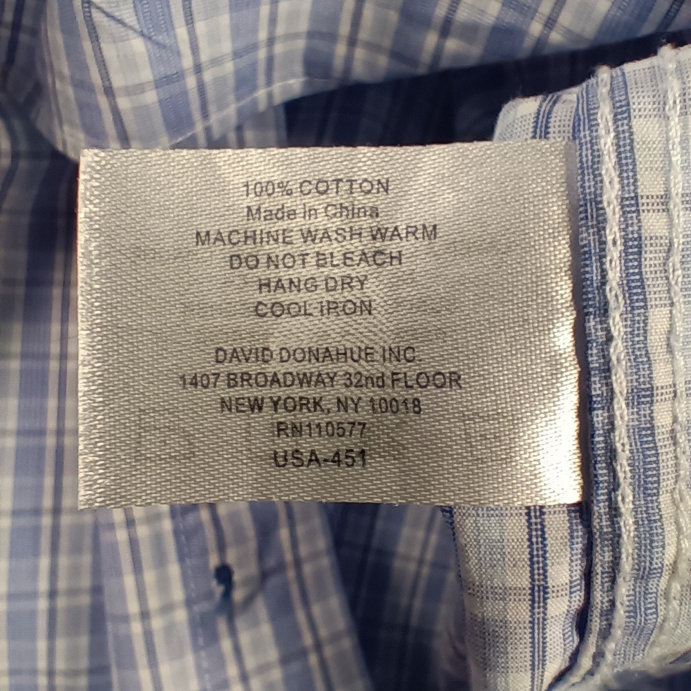 David Donahue 17 32/33 Mens Blue White Plaid Cotton Button Down Dress Shirt - Picture 8 of 11